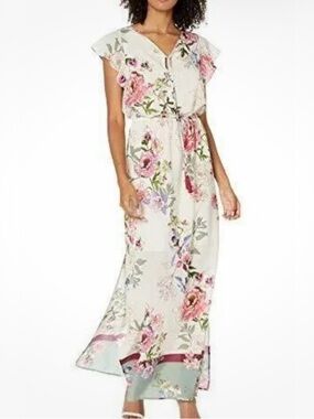 Adrianna Papell Floral V-Neck Maxi Dress in Light Blush